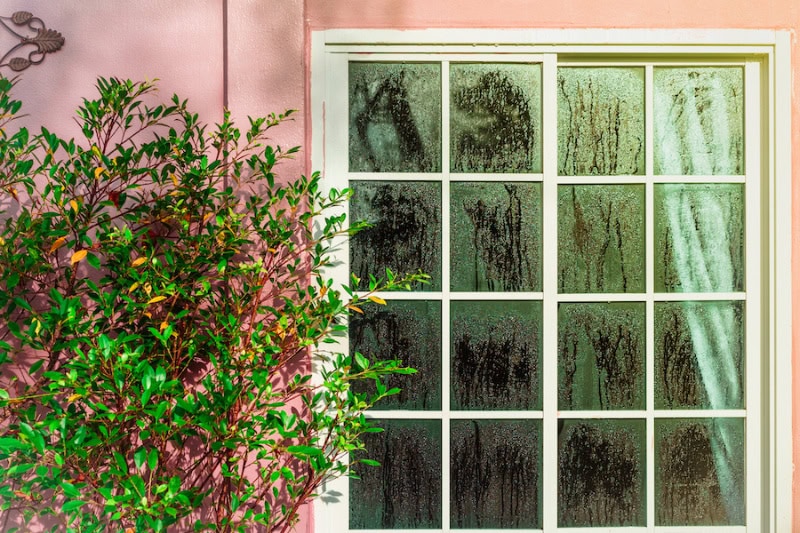Don't Let Your Home Sweat It Out: A Wisconsin Guide to Humidity Control. Glass door with condensation and a tree, high humidity. Texture of water on a glass. Phenomenon of nature and exterior concept.