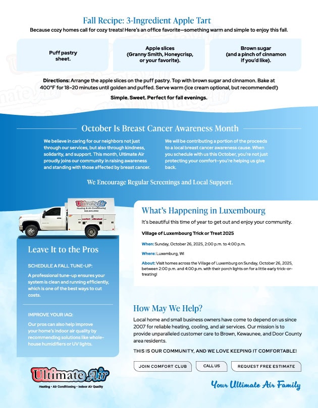 October Monthly Newsletter. Fall recipe, breast cancer awareness month and what's happening in Luxemburg.